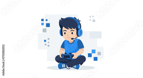 Young Gamer Enjoying Himself While Playing Video Games With Headphones And Controller