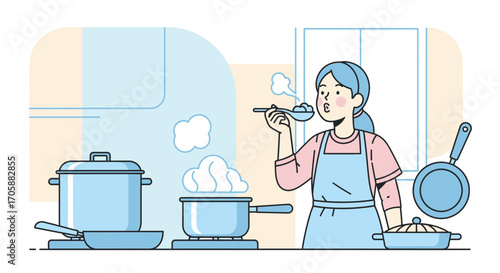 Culinary Exploration: Woman Tastings Homemade Dish In Kitchen Artwork Illustration
