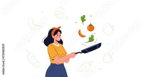 Culinary Illustration: Cheerful Woman Tosses Fresh Ingredients During Cooking Process