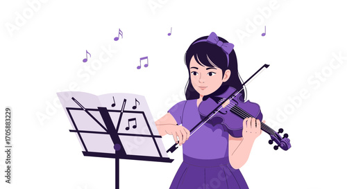 Young Girl Skilled Playing Violin Surrounded By Musical Notes In A Musical Setting