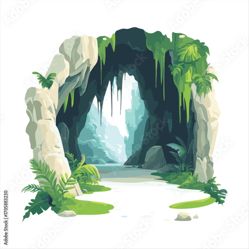 Lush cave entrance, a hidden path. Lush greenery, rocky archway, mysterious opening