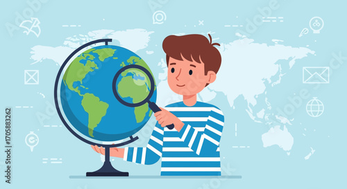 Curious Boy Exploring The World With Magnifying Glass Examining The Globe