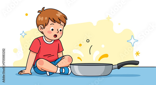 Curious Child Observes Culinary Creation In A Frying Pan With Bewilderment