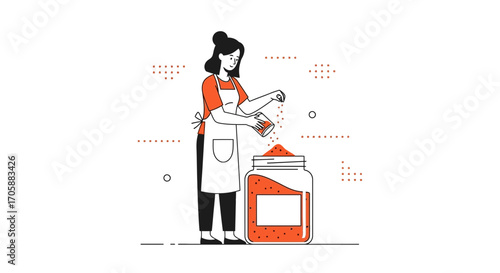 Young Lady Adding Spices In A Glass Jar Of Red Color With Apron For Preparation