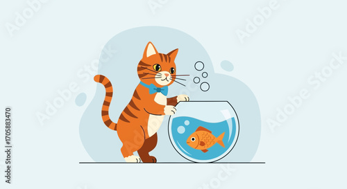 Curious Feline Gazing At Fish In A Clear Bowl. Cartoon Vector Illustration