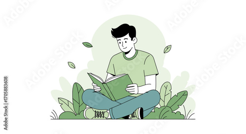 Young Man Absorbed In Reading Outdoors Surrounded By Greenery And Fresh Atmosphere
