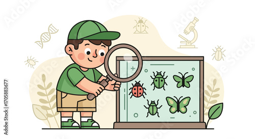 Curious Young Scientist Exploring Insects and Their World Using a Magnifying Glass