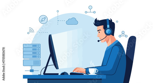 Customer Support Agent Working On Computer And Managing Network Infrastructure Seamlessly