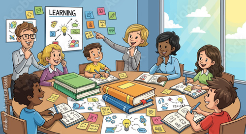 Collaborative Learning Cartoon Illustration of Students and Teachers Working Together