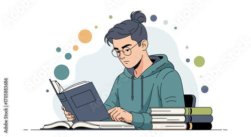 Young Man Absorbed In Reading, Studying, And Focused Deeply With Glasses And Books