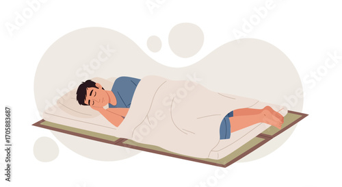 Young Man Asleep Under Blanket Resting On A Mattress With Neutral And Soft Colors