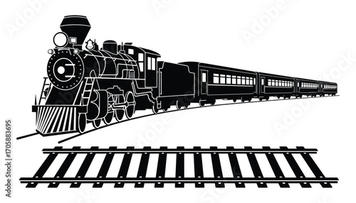Steam Locomotive Train Vector Illustration on Rails, Old Black Engine