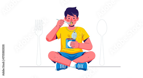 Young Man Eating Directly From Canned Food While Sitting, Vector Illustration