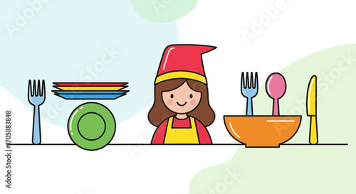 Cute Cartoon Image Of Friendly Character with Various Kitchen Utensils and Cutlery