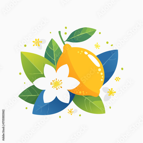 Ripe Yellow Lemon With White Flower and Green Leaves