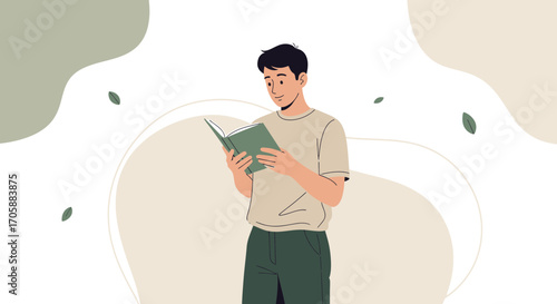 Young Man Enjoying Leisure Time Reading a Book Against an Abstract Background