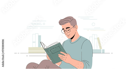Young Man Immersed In A Book, Enjoying The Process Of Reading, A Quiet Moment