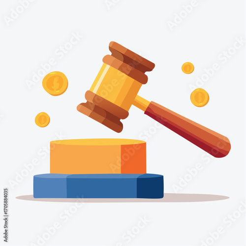 Brown And Gold Gavel Striking Block Surrounded By Gold Coins On White Background