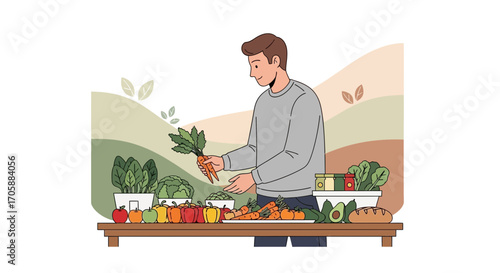 Young Man Healthy Preparation Of Vegetables With Fresh Ingredients For Meal Creation