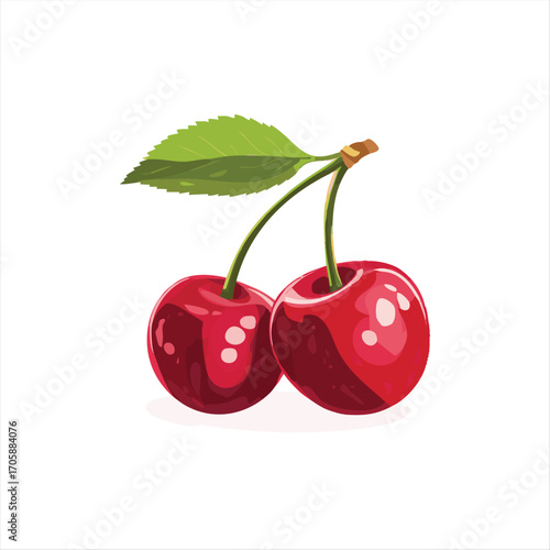 vector Two vibrant red cherries with leaves