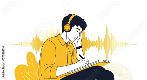 Young Man Listening To Music And Taking Notes While Capturing Audio Waves Design