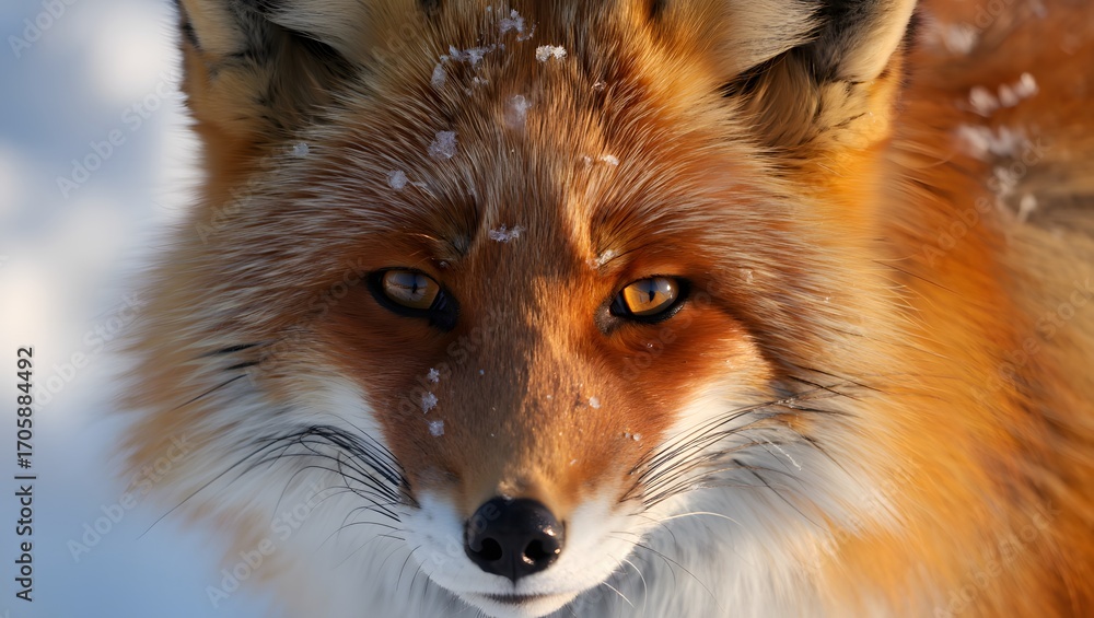 Naklejka premium Red Fox Portrait: Winter Fur, Intense Gaze, Snowflakes, Close-Up Wildlife Photography