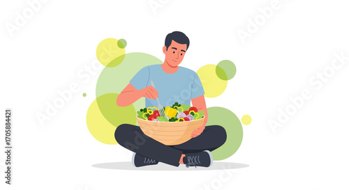 Young Man Preparing Fresh Salad Bowl Sitting Cross-Legged, Vegetarian Meal Illustration