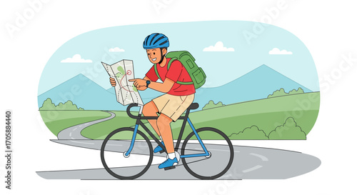 Cyclist Exploring Scenic Route: Map Reading Adventure on Road with Mountain Scenery