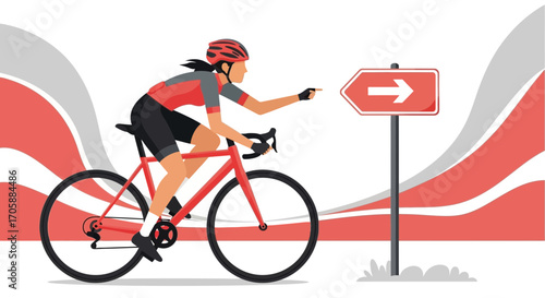 Cyclist Following The Direction, Pointing The Way To Success And The Right Path