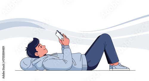 Young Man Relaxing While Looking At Smartphone, Illustrated Technology Concept on White