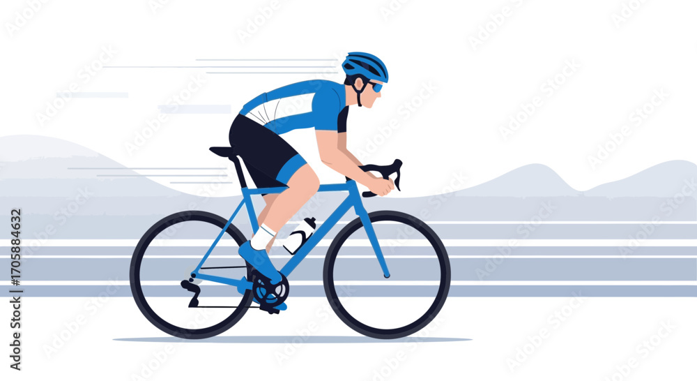 Fototapeta premium Cyclist In Motion On A Blue Bicycle, Conceptual Flat Vector Illustration Ideal for Sports