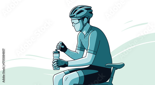Cyclist Prepares To Drink From A Bottle Of Water While Resting, Illustration.