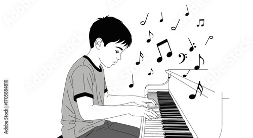 Young Musician Plays Piano, Musical Notes Ascending, Melodic Creation, Piano Serenade