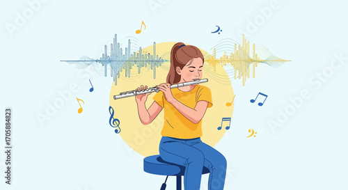 Young Musician Plays Flute, Creating Melodies with Graphic Soundwave Visualization