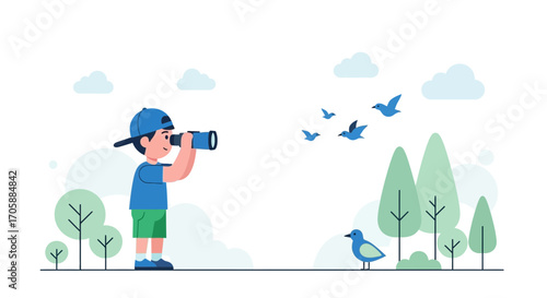 Young Observer Searching For Birds With Binoculars In A Natural Setting