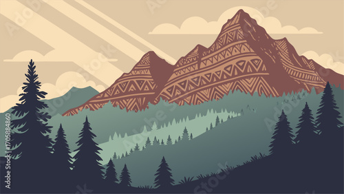 Stunning mountain vista with decorative peaks and lush forest for adventure travel posters