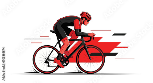 Cyclist Racing Energetically Against A Vivid Red Geometric Shape With Dynamic Impact