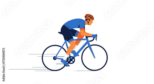 Cyclist Racing On A Blue Road Bike Against White Background, Sport Illustration or Design