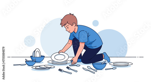 Young Person Arranging Tableware, Preparing Table, Clean Dishes, Helping With Chores Indoors