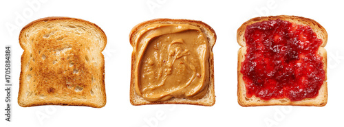 Types of toasts isolated on a transparent PNG / white background. Peanut butter, jam. Slice of white toasted bread. Toast. Fresh pastry. Bakery food. Top view.