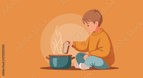 Young Person Cooking Bread with Steam, Illustrative Artwork Representing Culinary Scene