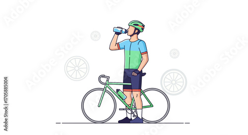 Cyclist Resting And Drinking Water After A Long Ride In Modern Flat Vector Illustration