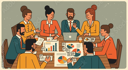 Diverse professional team in a cartoon-style business meeting discussing corporate strategy with charts