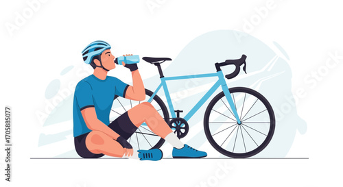 Cyclist Resting And Hydrating After Exercising, Beside His Blue Road Bicycle On White