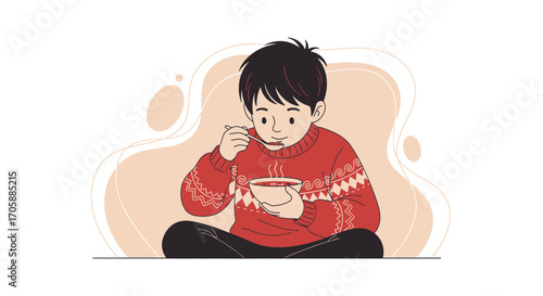 Young Person Enjoying Warm Soup In Winter: A Cozy, Heartwarming Illustration