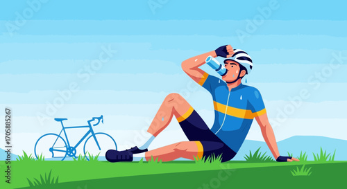 Cyclist Taking A Break And Drinking Water On A Sunny Day After Intense Exercise Session