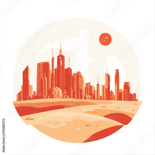 Futuristic city on a desert planet.  A stylized illustration of a city nestled in a sandy landscape, seemingly on a distant planet. Tall, modern skyscrapers are prominent, with a reddish-orange color 