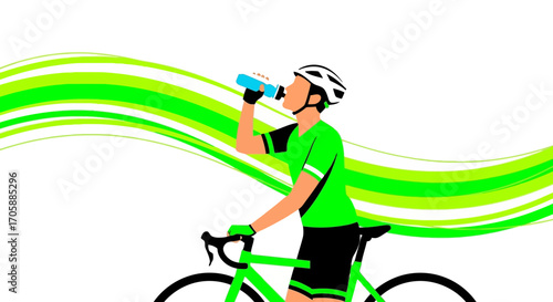 Cyclist Taking A Drink While Riding On A Bicycle With Green Graphic Design