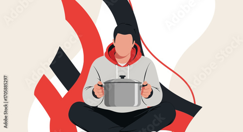 Young Person Holding a Cooking Pot in Modern Illustrated Abstract Composition