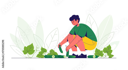 Young Person Harvesting Fresh Cucumbers in Garden with Green Tones and Simple Illustration